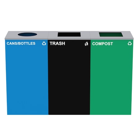 Alpine Industries 87 Gal. 3-Stream Steel Blue Cans & Bottles, Green Compost, and Black Commercial Trash Can Station ALP4450-BLK-KIT34